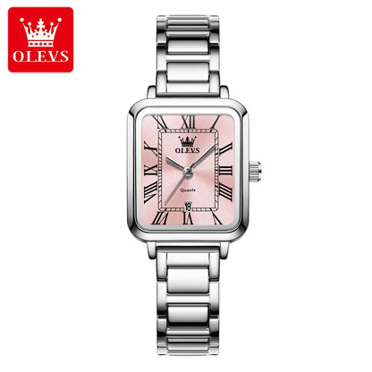 OLEVS Classic Square Women's Watch Roman Numerals Stainless Steel Band Quartz Movement Waterproof Casual Luxury Watch 5641