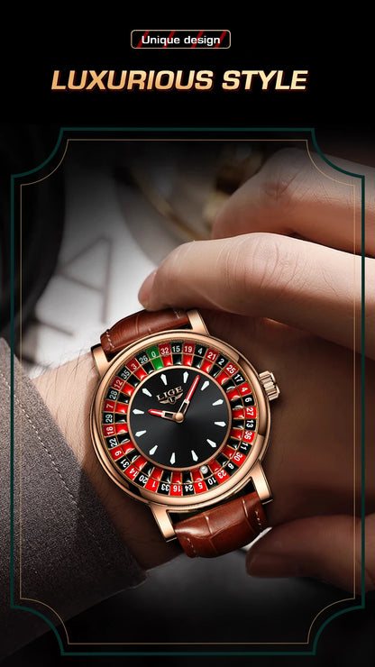 LIGE Fashion Brown Leather Men Watch Rotating Dial Las Vegas Roulette Desktop Theme Watch Men Waterproof Luminous Clock Watches