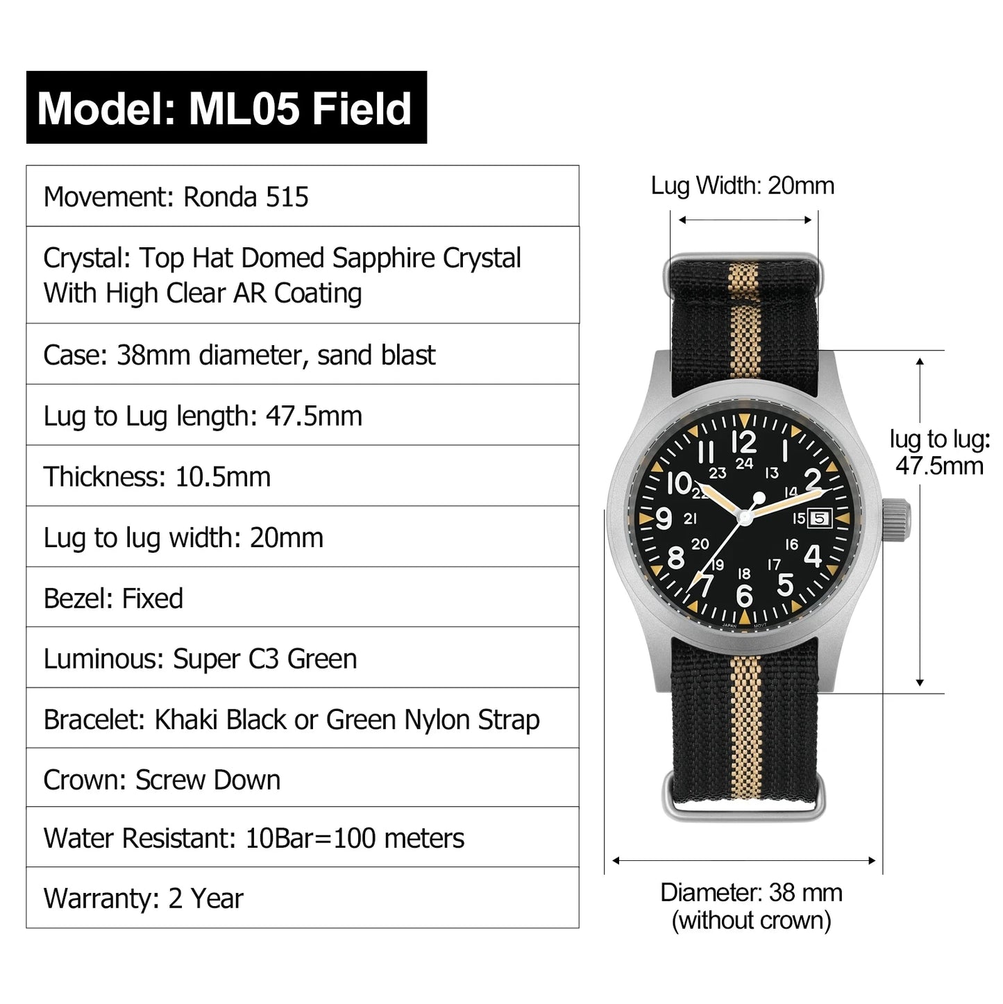 Militado ML05 38mm Military Field Watch - Sweep Quartz Movement Domed Sapphire Crystal 100M Waterproof Super Luminous Nylon Band Watch for Men