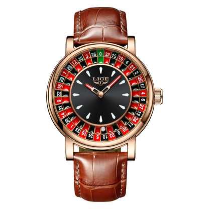 LIGE Fashion Brown Leather Men Watch Rotating Dial Las Vegas Roulette Desktop Theme Watch Men Waterproof Luminous Clock Watches