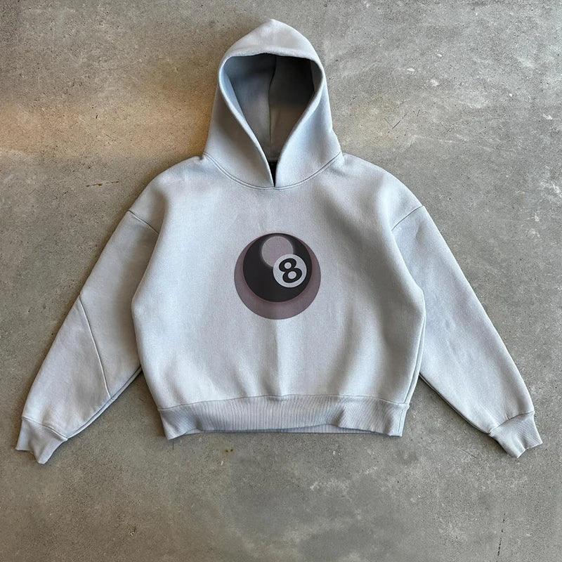 Y2k Vintage Fashion No. 8 Ball Print Hoodies Harajuku Hip Hop Long Sleeve Sweatshirt Spring Men Loose Hooded Pullover Streetwear