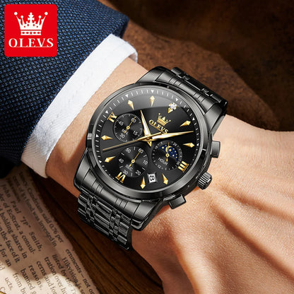 OLEVS 3639 Men's Luxury Quartz Watch Stainless Steel Luminous Moon Phase Waterproof Wristwatch with Push Button Hidden Clasp