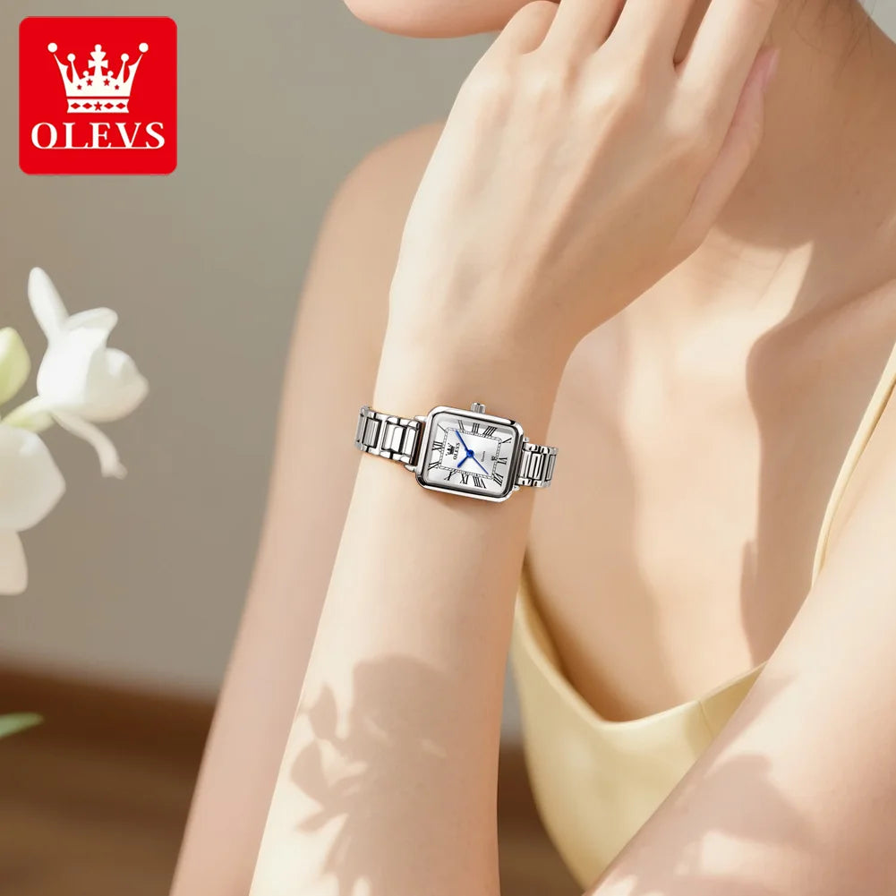 OLEVS Classic Square Women's Watch Roman Numerals Stainless Steel Band Quartz Movement Waterproof Casual Luxury Watch 5641