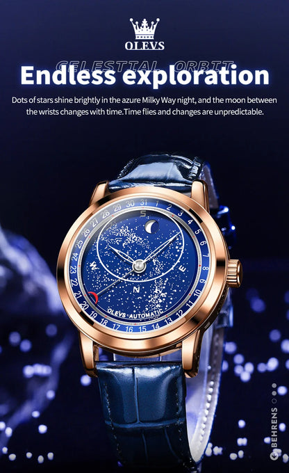 OLEVS 9923 Men's Casual Fashion Luxury Mechanical Watch Leather Strap Luminous High Quality Stainless Steel round Case Wristwatch