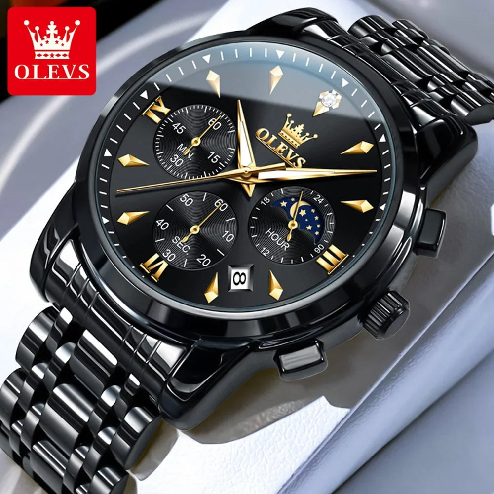 OLEVS 3639 Men's Luxury Quartz Watch Stainless Steel Luminous Moon Phase Waterproof Wristwatch with Push Button Hidden Clasp