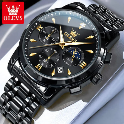OLEVS 3639 Men's Luxury Quartz Watch Stainless Steel Luminous Moon Phase Waterproof Wristwatch with Push Button Hidden Clasp