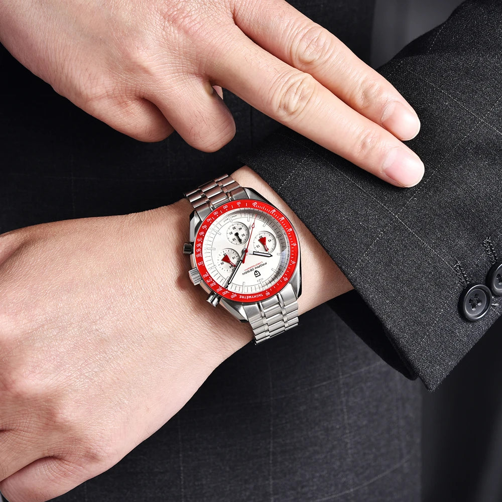 PAGANI DESIGN Men's Chronometer Quartz Watch Waterproof Luminous Red Sapphire Mirror Stainless Steel Band Fashion & Casual Wristwatch