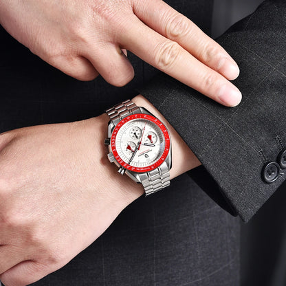 PAGANI DESIGN Men's Chronometer Quartz Watch Waterproof Luminous Red Sapphire Mirror Stainless Steel Band Fashion & Casual Wristwatch
