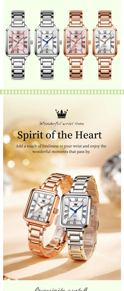 OLEVS Classic Square Women's Watch Roman Numerals Stainless Steel Band Quartz Movement Waterproof Casual Luxury Watch 5641
