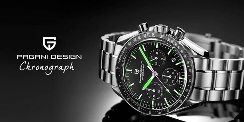 PAGANI DESIGN Men's Chronometer Quartz Watch Waterproof Luminous Red Sapphire Mirror Stainless Steel Band Fashion & Casual Wristwatch