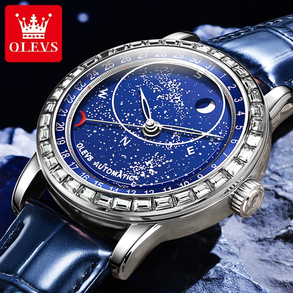 OLEVS 9923 Men's Casual Fashion Luxury Mechanical Watch Leather Strap Luminous High Quality Stainless Steel round Case Wristwatch