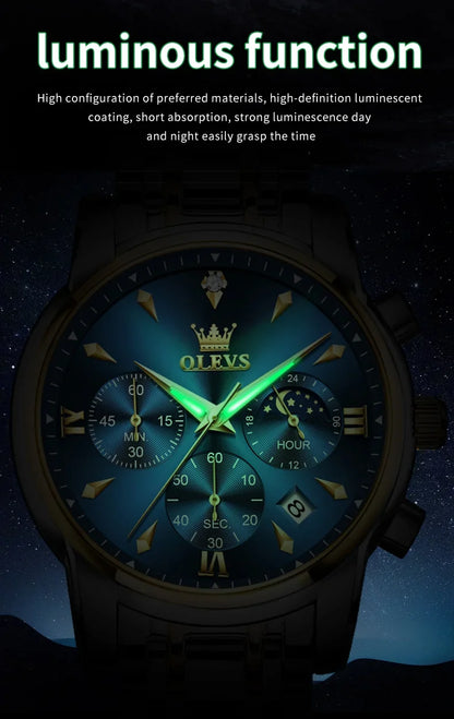 OLEVS 3639 Men's Luxury Quartz Watch Stainless Steel Luminous Moon Phase Waterproof Wristwatch with Push Button Hidden Clasp