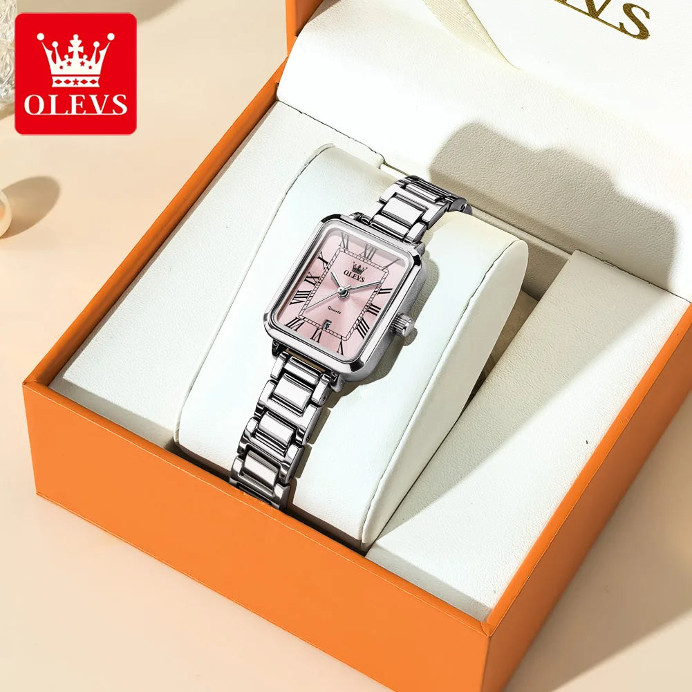 OLEVS Classic Square Women's Watch Roman Numerals Stainless Steel Band Quartz Movement Waterproof Casual Luxury Watch 5641