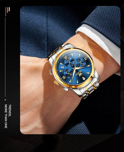 OLEVS 3639 Men's Luxury Quartz Watch Stainless Steel Luminous Moon Phase Waterproof Wristwatch with Push Button Hidden Clasp