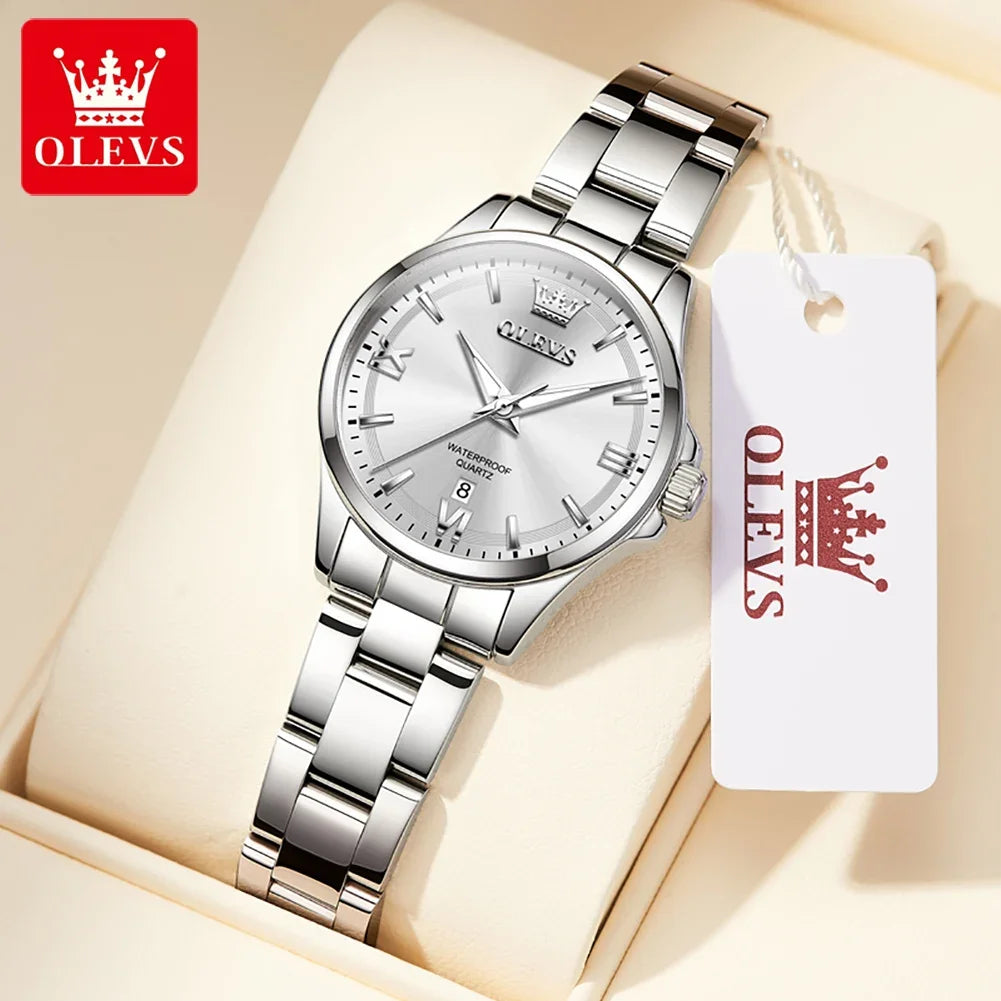 OLEVS 3668 Luxury Stainless Steel Quartz Watch for Women Waterproof Roman Numeral Date Display round Dial Push Button Hidden Clasp