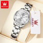 OLEVS 3668 Luxury Stainless Steel Quartz Watch for Women Waterproof Roman Numeral Date Display round Dial Push Button Hidden Clasp