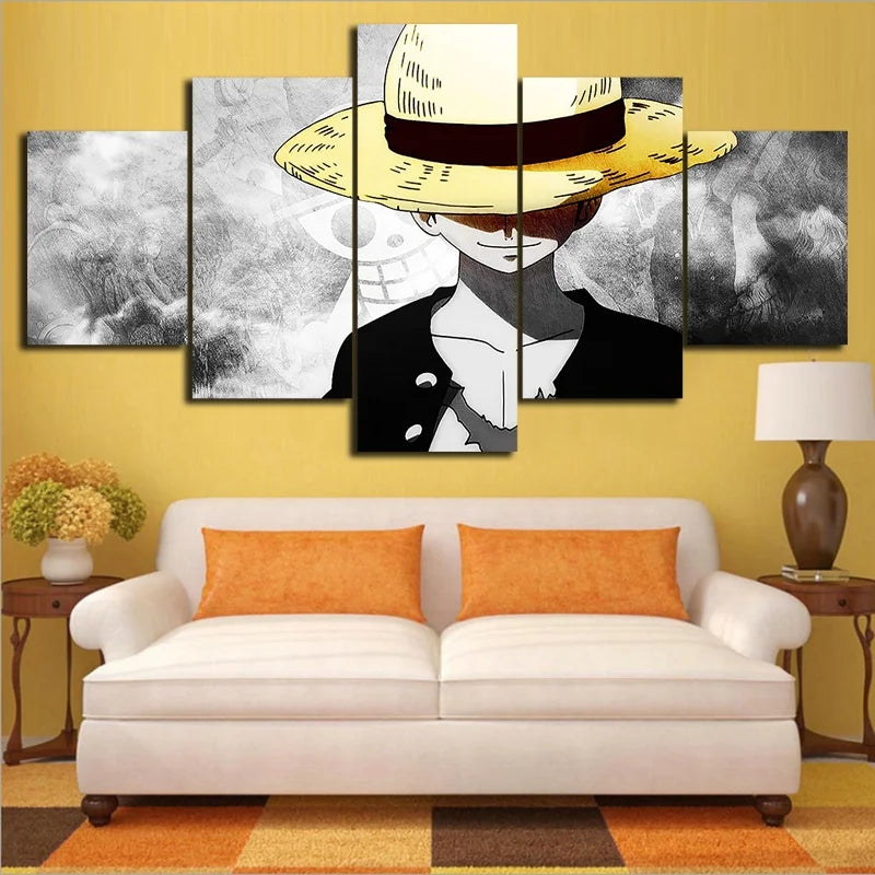 5 Piece HD Wall Art Anime Poster Picture One Piece Monkey D. Luffy Poster Wall Painting for Home Decor Canvas Painting Gift