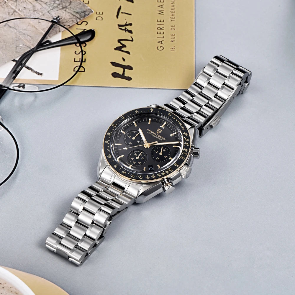 PAGANI DESIGN Men's Chronometer Quartz Watch Waterproof Luminous Red Sapphire Mirror Stainless Steel Band Fashion & Casual Wristwatch