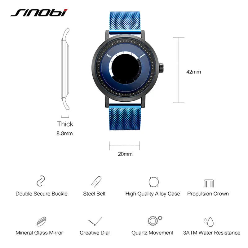 SINOBI Men's Fashion Quartz Watch Stainless Steel Blue Wristwatch Shock Resistant Water-Resistant Male Relogio Masculino