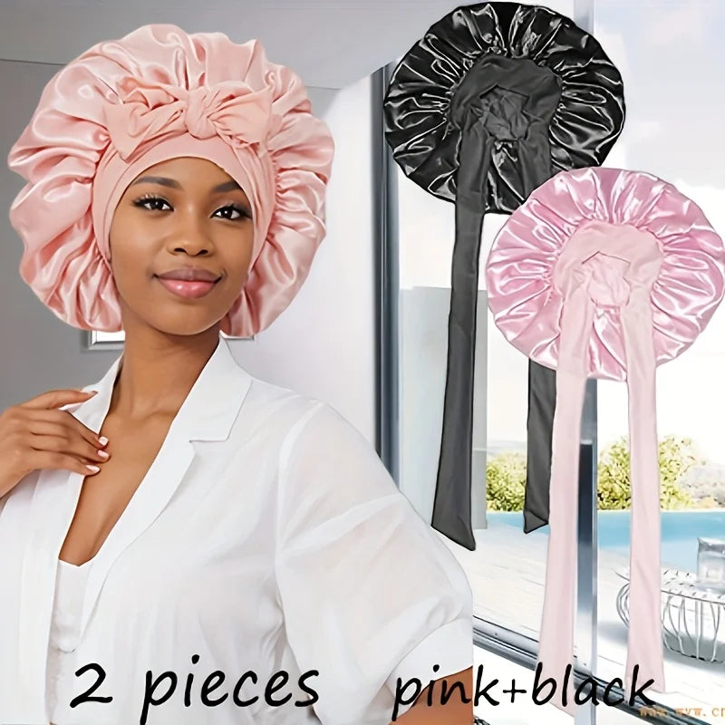 Bonnets With Tie Band (Pink+Black), Sleeping Cap For Women, Soft Hair Care Night Sleep Hats, Multi-Use Hair Bonnets F