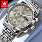 OLEVS 3639 Men's Luxury Quartz Watch Stainless Steel Luminous Moon Phase Waterproof Wristwatch with Push Button Hidden Clasp