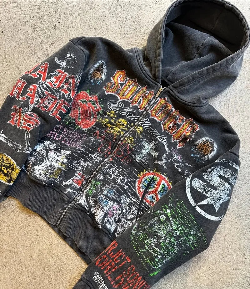 Y2k American Fashion Personality Versatile Anime Printed Zipper Hoodie Men