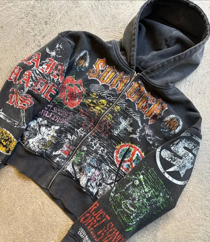 Y2k American Fashion Personality Versatile Anime Printed Zipper Hoodie Men