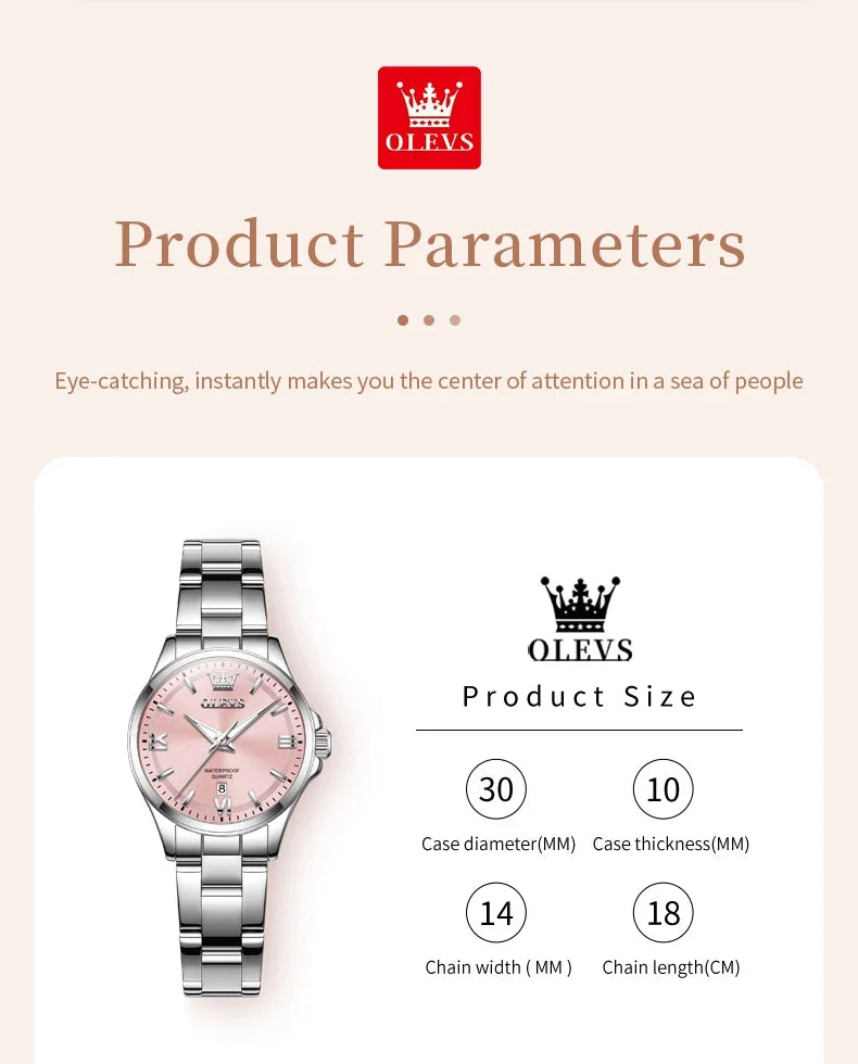 OLEVS 3668 Luxury Stainless Steel Quartz Watch for Women Waterproof Roman Numeral Date Display round Dial Push Button Hidden Clasp