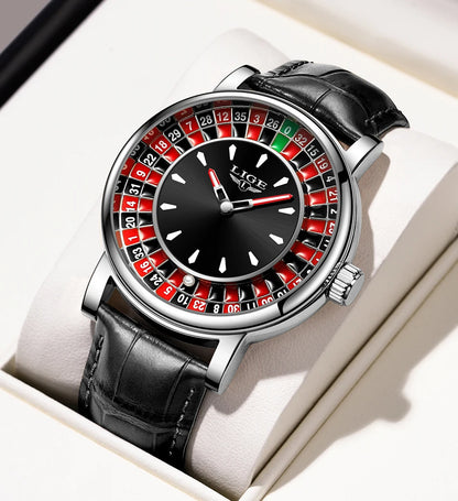 LIGE Fashion Brown Leather Men Watch Rotating Dial Las Vegas Roulette Desktop Theme Watch Men Waterproof Luminous Clock Watches
