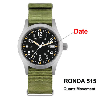 Militado ML05 38mm Military Field Watch - Sweep Quartz Movement Domed Sapphire Crystal 100M Waterproof Super Luminous Nylon Band Watch for Men