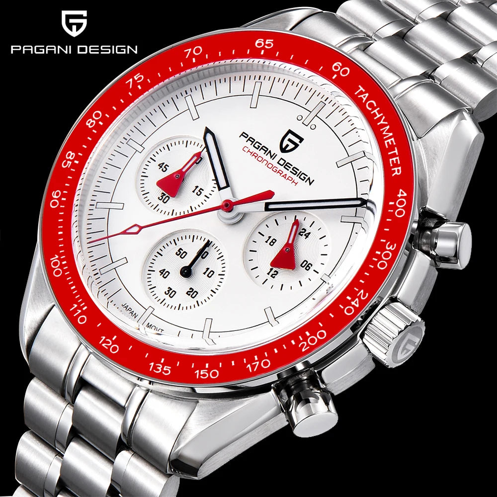 PAGANI DESIGN Men's Chronometer Quartz Watch Waterproof Luminous Red Sapphire Mirror Stainless Steel Band Fashion & Casual Wristwatch