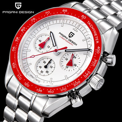 PAGANI DESIGN Men's Chronometer Quartz Watch Waterproof Luminous Red Sapphire Mirror Stainless Steel Band Fashion & Casual Wristwatch