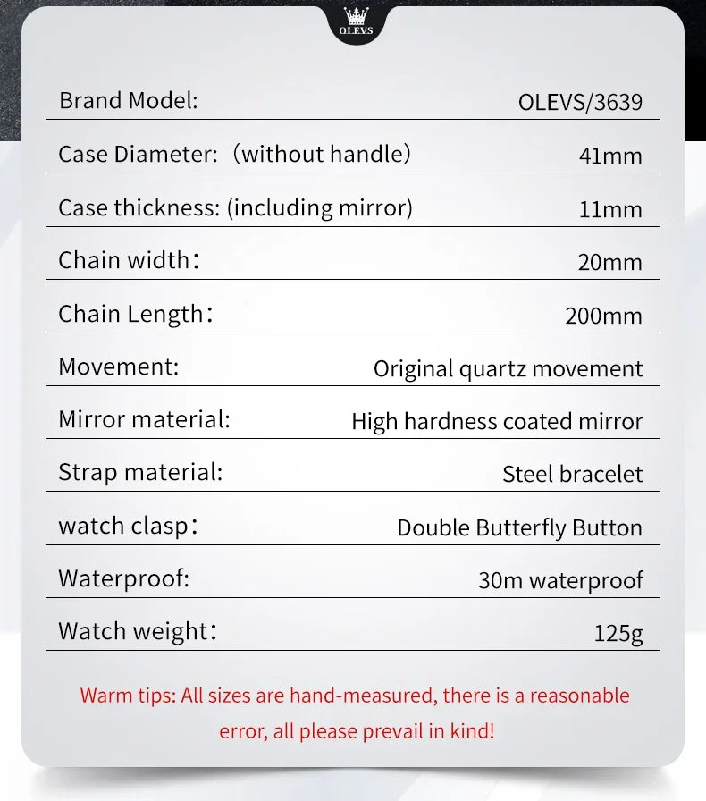 OLEVS 3639 Men's Luxury Quartz Watch Stainless Steel Luminous Moon Phase Waterproof Wristwatch with Push Button Hidden Clasp