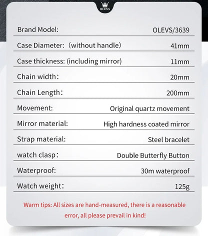OLEVS 3639 Men's Luxury Quartz Watch Stainless Steel Luminous Moon Phase Waterproof Wristwatch with Push Button Hidden Clasp