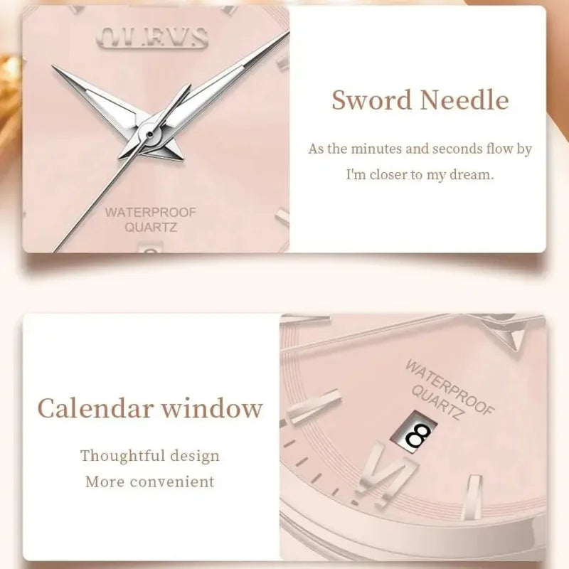 OLEVS 3668 Luxury Stainless Steel Quartz Watch for Women Waterproof Roman Numeral Date Display round Dial Push Button Hidden Clasp