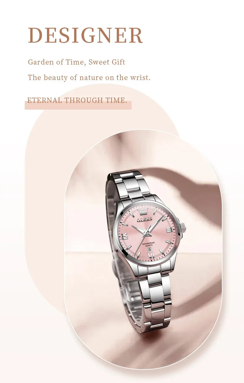 OLEVS 3668 Luxury Stainless Steel Quartz Watch for Women Waterproof Roman Numeral Date Display round Dial Push Button Hidden Clasp
