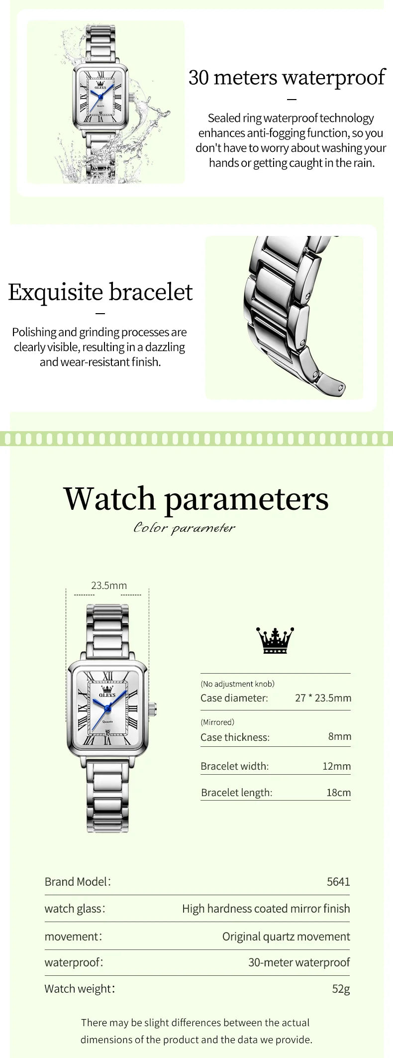 OLEVS Classic Square Women's Watch Roman Numerals Stainless Steel Band Quartz Movement Waterproof Casual Luxury Watch 5641