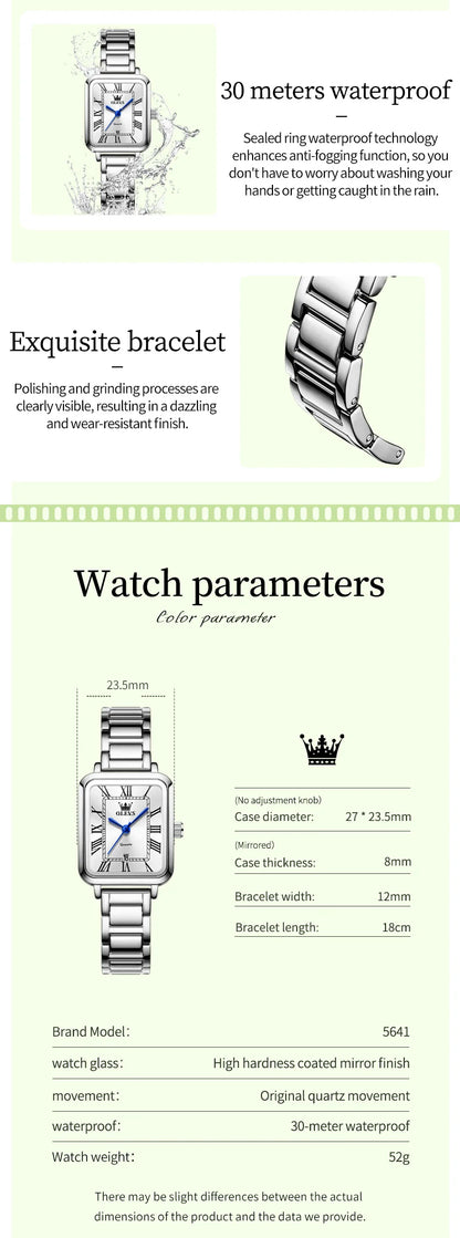 OLEVS Classic Square Women's Watch Roman Numerals Stainless Steel Band Quartz Movement Waterproof Casual Luxury Watch 5641