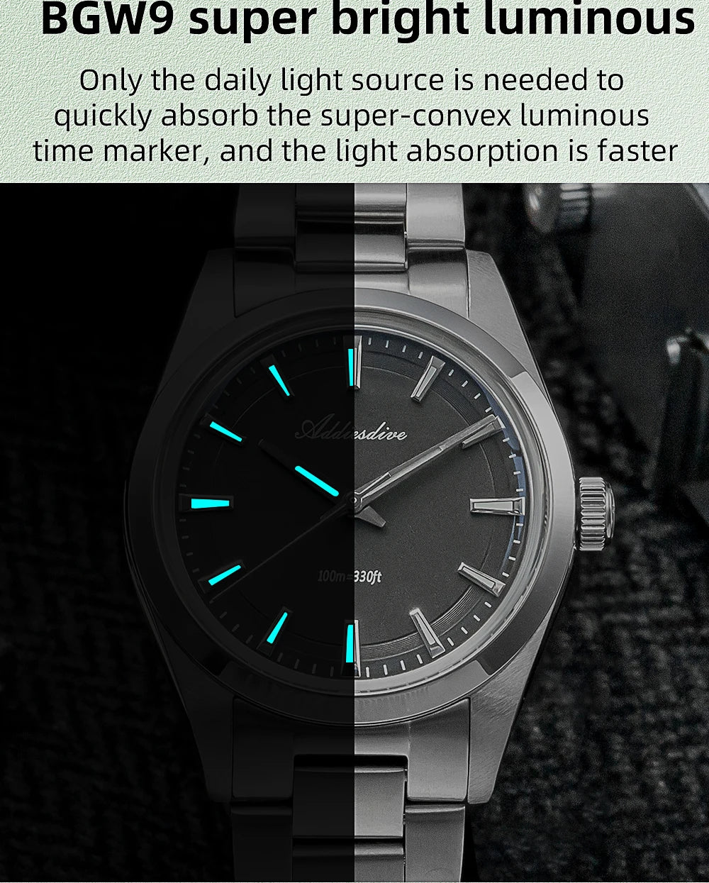 ADDIESDIVE Men's Dress Watch 36mm 10Bar Waterproof Stainless Steel BGW9 Super Luminous Quartz Movement with Bubble Mirror Glass
