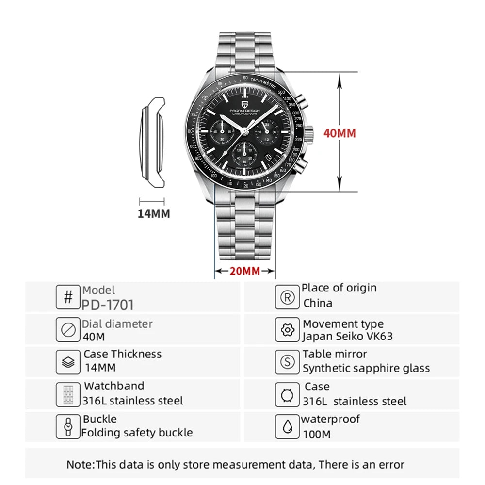PAGANI DESIGN Men's Chronometer Quartz Watch Waterproof Luminous Red Sapphire Mirror Stainless Steel Band Fashion & Casual Wristwatch