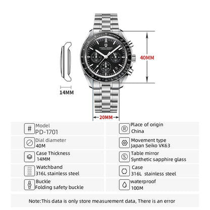 PAGANI DESIGN Men's Chronometer Quartz Watch Waterproof Luminous Red Sapphire Mirror Stainless Steel Band Fashion & Casual Wristwatch
