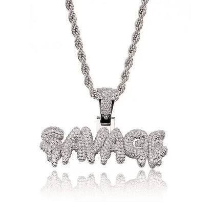 Iced Out Letter Savage Pendant Shiny Bing Cubic Zirconia Hip Hop Necklace Men\\\'s Cool Rock Rap Trend Jewelry