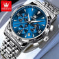 OLEVS 3639 Men's Luxury Quartz Watch Stainless Steel Luminous Moon Phase Waterproof Wristwatch with Push Button Hidden Clasp