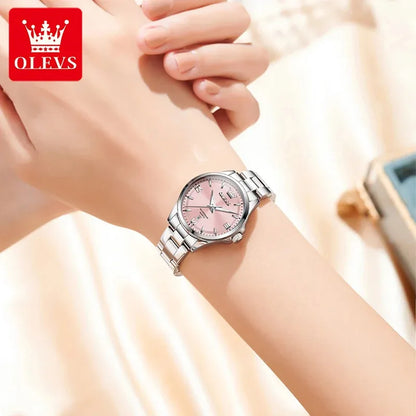 OLEVS 3668 Luxury Stainless Steel Quartz Watch for Women Waterproof Roman Numeral Date Display round Dial Push Button Hidden Clasp