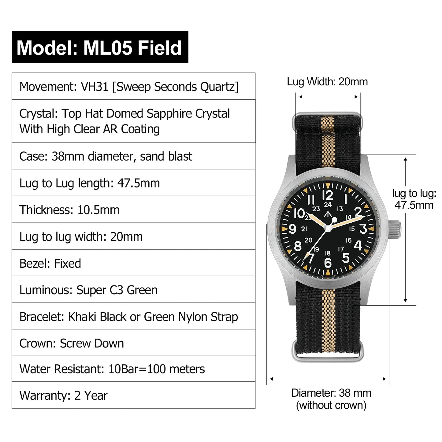 Militado ML05 38mm Military Field Watch - Sweep Quartz Movement Domed Sapphire Crystal 100M Waterproof Super Luminous Nylon Band Watch for Men