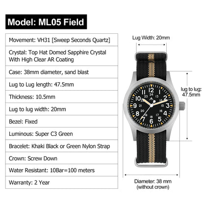 Militado ML05 38mm Military Field Watch - Sweep Quartz Movement Domed Sapphire Crystal 100M Waterproof Super Luminous Nylon Band Watch for Men