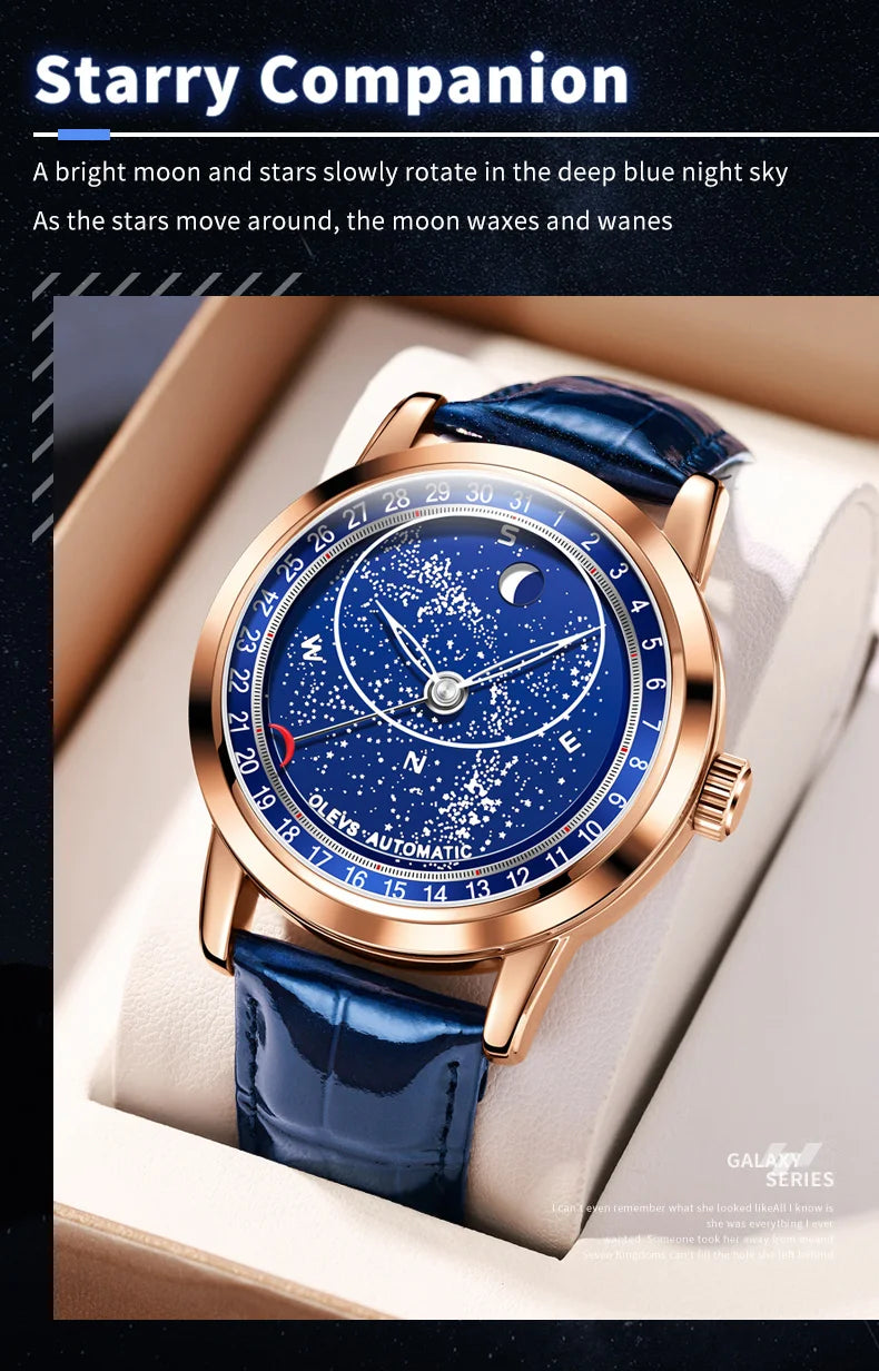 OLEVS 9923 Men's Casual Fashion Luxury Mechanical Watch Leather Strap Luminous High Quality Stainless Steel round Case Wristwatch