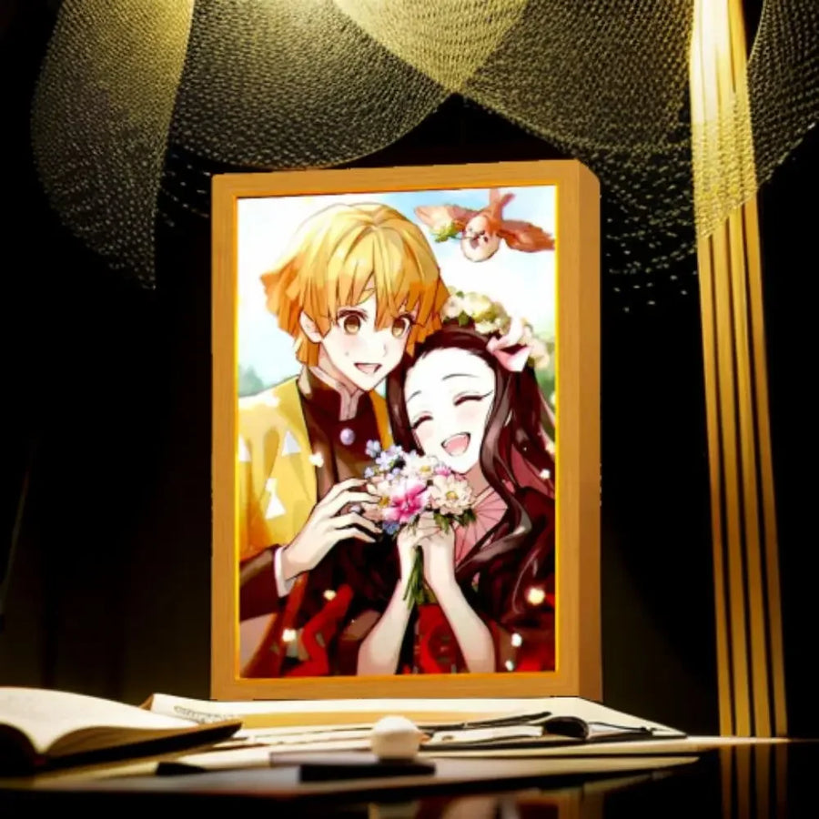 Anime Figure Light Painting Photo Frame Demons Slayer Kimetsu No Yaiba Tanjirou Action Led Lamps Bedroom Decor Chirstmas Gifts