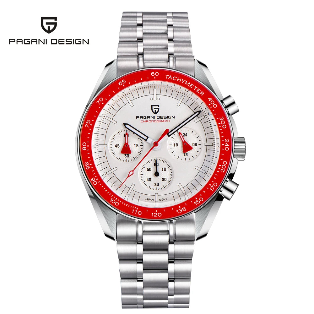 PAGANI DESIGN Men's Chronometer Quartz Watch Waterproof Luminous Red Sapphire Mirror Stainless Steel Band Fashion & Casual Wristwatch
