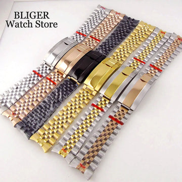 BLIGER Silver Black 20mm Width Stainless Steel Jubilee Watch Strap Bracelet Two Tone Gold/Rose Gold Glide Lock Clasp
